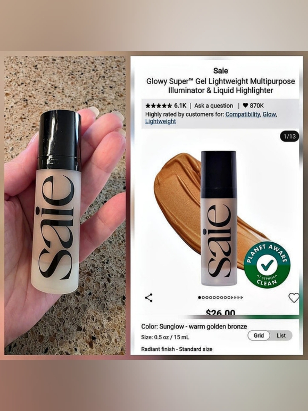 Saie Glowy Super Gel Lightweight Multipurpose Illuminator Sunglow Highlighter